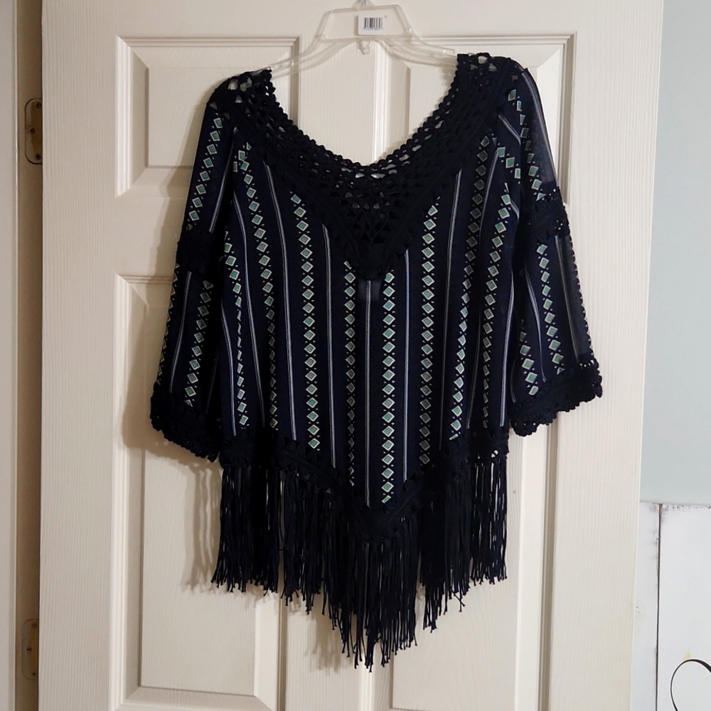 COWGIRL UP WESTERN BLOUSE FRINGE PONCHO TOP